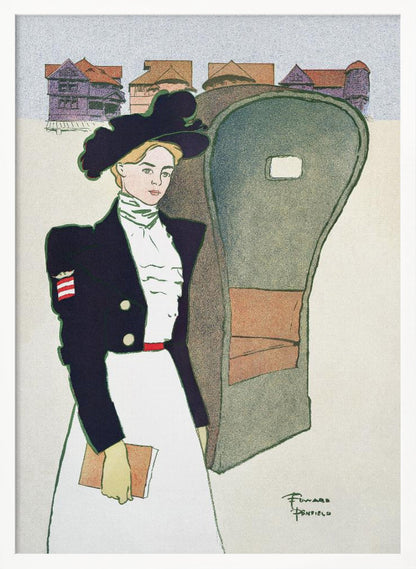 An Art Nouveau illustration by Edward Penfield depicting a stylish woman in a large black hat, a dark navy jacket with an American flag patch, and a long white skirt. She holds a book and stands next to a carriage, with stylized houses in the background. Artwork