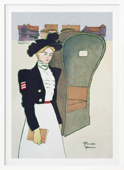 An Art Nouveau illustration by Edward Penfield depicting a stylish woman in a large black hat, a dark navy jacket with an American flag patch, and a long white skirt. She holds a book and stands next to a carriage, with stylized houses in the background. Artwork