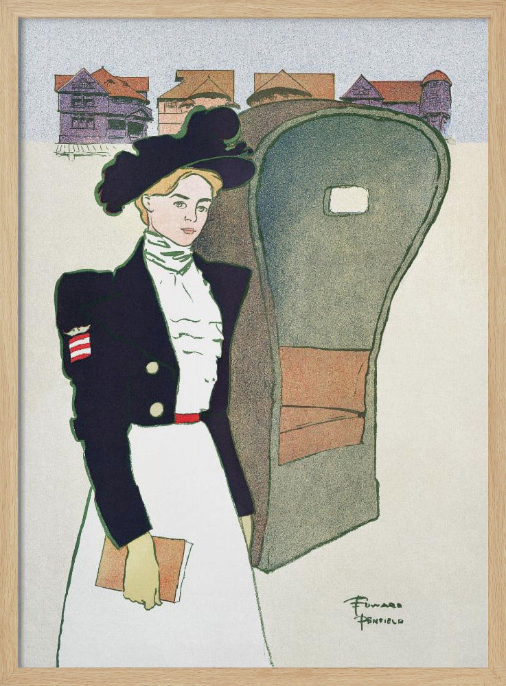An Art Nouveau illustration by Edward Penfield depicting a stylish woman in a large black hat, a dark navy jacket with an American flag patch, and a long white skirt. She holds a book and stands next to a carriage, with stylized houses in the background. Artwork