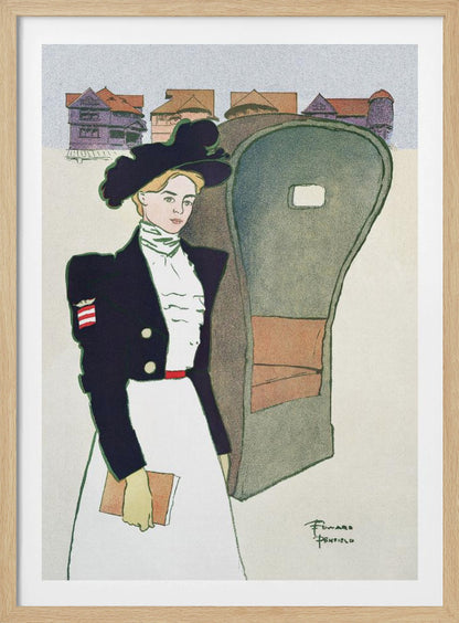 An Art Nouveau illustration by Edward Penfield depicting a stylish woman in a large black hat, a dark navy jacket with an American flag patch, and a long white skirt. She holds a book and stands next to a carriage, with stylized houses in the background. Artwork