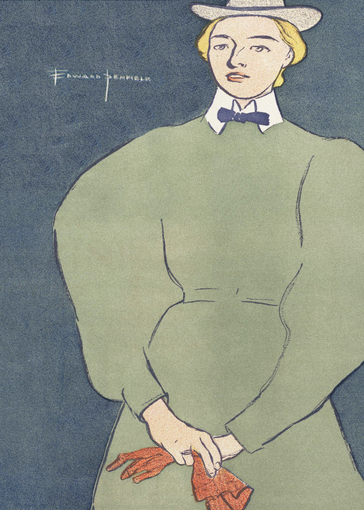 A vintage illustration by Edward Penfield of a woman with short blonde hair wearing a grey fedora hat, a high-collared green dress with large puff sleeves, a white collar, and a blue bowtie. She holds a pair of red gloves against a solid dark blue background. Decor