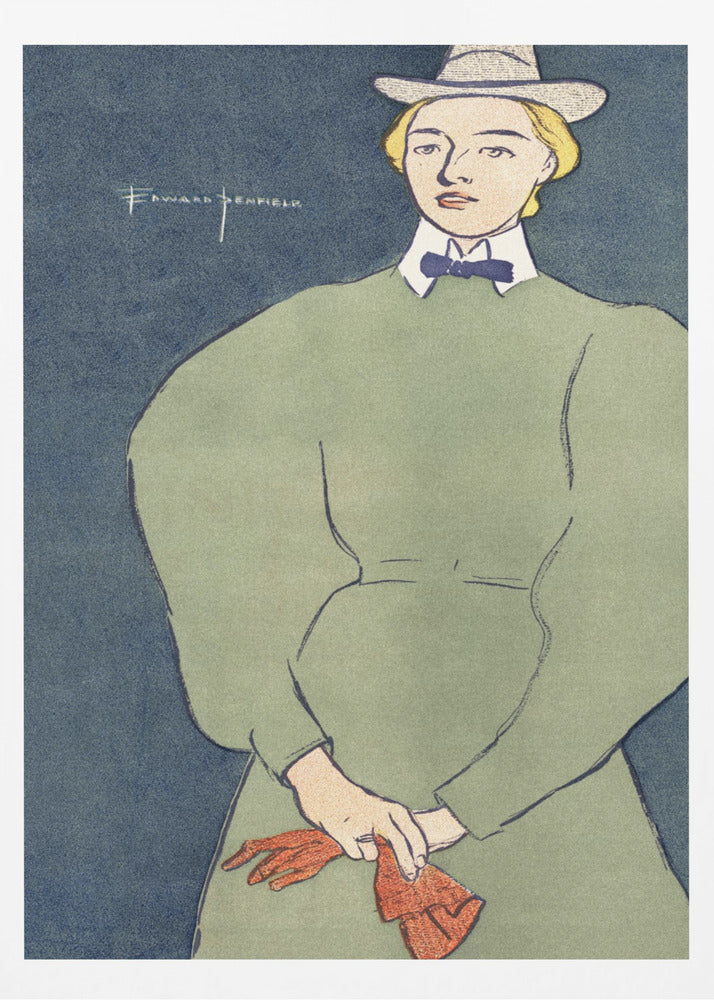 A vintage illustration by Edward Penfield of a woman with short blonde hair wearing a grey fedora hat, a high-collared green dress with large puff sleeves, a white collar, and a blue bowtie. She holds a pair of red gloves against a solid dark blue background. Decor