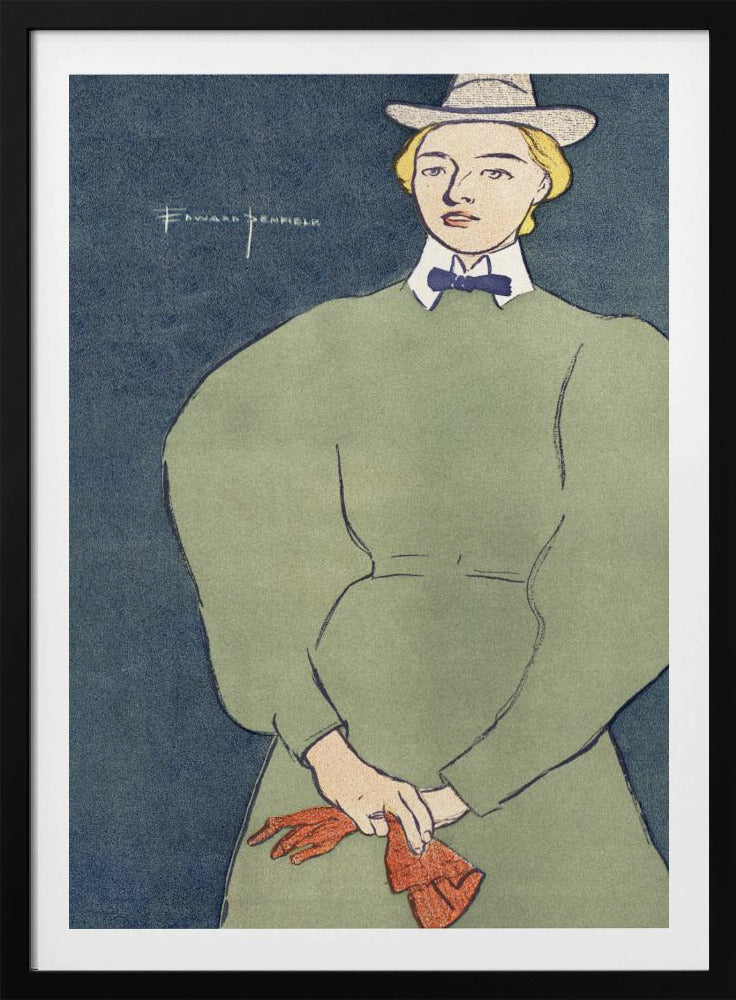A vintage illustration by Edward Penfield of a woman with short blonde hair wearing a grey fedora hat, a high-collared green dress with large puff sleeves, a white collar, and a blue bowtie. She holds a pair of red gloves against a solid dark blue background. Decor