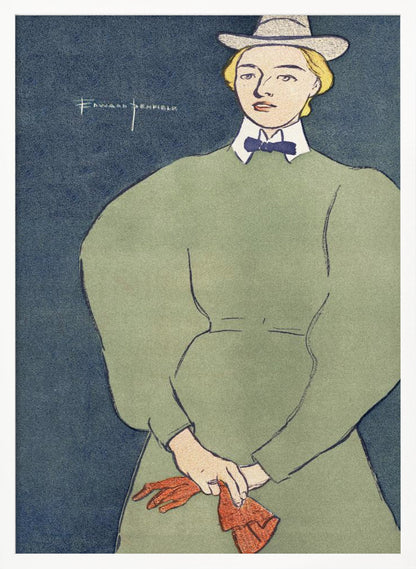 A vintage illustration by Edward Penfield of a woman with short blonde hair wearing a grey fedora hat, a high-collared green dress with large puff sleeves, a white collar, and a blue bowtie. She holds a pair of red gloves against a solid dark blue background. Decor