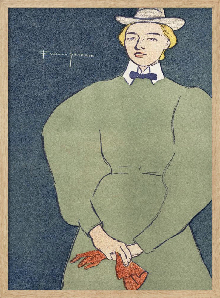 A vintage illustration by Edward Penfield of a woman with short blonde hair wearing a grey fedora hat, a high-collared green dress with large puff sleeves, a white collar, and a blue bowtie. She holds a pair of red gloves against a solid dark blue background. Decor