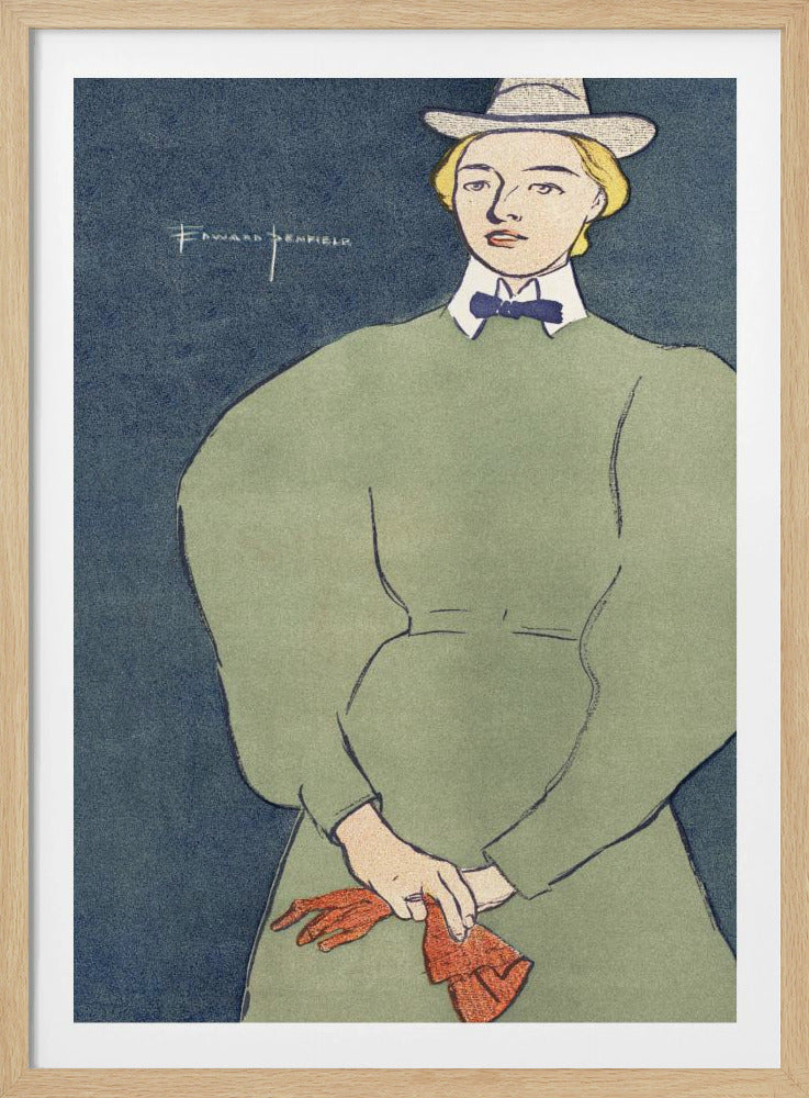 A vintage illustration by Edward Penfield of a woman with short blonde hair wearing a grey fedora hat, a high-collared green dress with large puff sleeves, a white collar, and a blue bowtie. She holds a pair of red gloves against a solid dark blue background. Decor