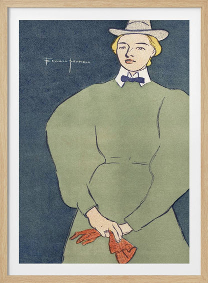 A vintage illustration by Edward Penfield of a woman with short blonde hair wearing a grey fedora hat, a high-collared green dress with large puff sleeves, a white collar, and a blue bowtie. She holds a pair of red gloves against a solid dark blue background. Decor