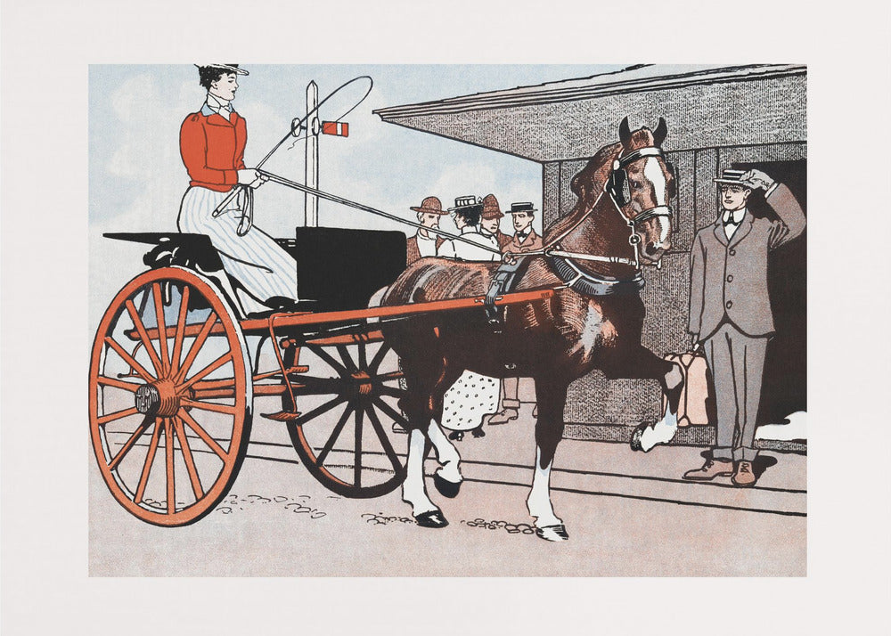A vintage color illustration depicting a woman in a red jacket driving a two-wheeled carriage with large red wheels. The carriage is pulled by a brown horse. A man in a grey suit stands nearby, tipping his hat in greeting. Wall Art
