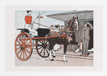 A vintage color illustration depicting a woman in a red jacket driving a two-wheeled carriage with large red wheels. The carriage is pulled by a brown horse. A man in a grey suit stands nearby, tipping his hat in greeting. Wall Art
