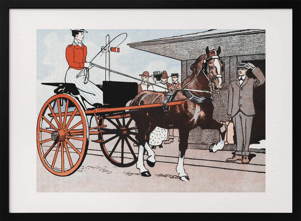A vintage color illustration depicting a woman in a red jacket driving a two-wheeled carriage with large red wheels. The carriage is pulled by a brown horse. A man in a grey suit stands nearby, tipping his hat in greeting. Wall Art