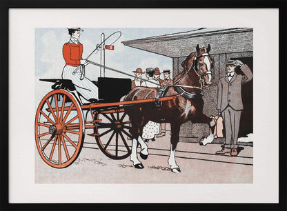 A vintage color illustration depicting a woman in a red jacket driving a two-wheeled carriage with large red wheels. The carriage is pulled by a brown horse. A man in a grey suit stands nearby, tipping his hat in greeting. Wall Art