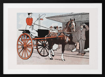 A vintage color illustration depicting a woman in a red jacket driving a two-wheeled carriage with large red wheels. The carriage is pulled by a brown horse. A man in a grey suit stands nearby, tipping his hat in greeting. Wall Art