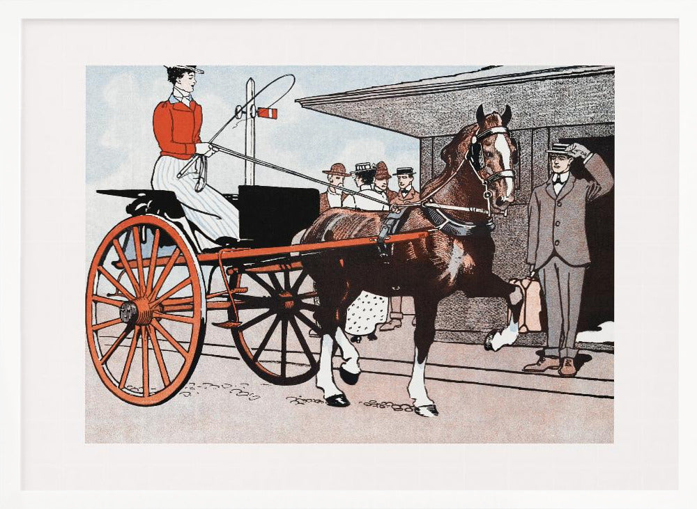 A vintage color illustration depicting a woman in a red jacket driving a two-wheeled carriage with large red wheels. The carriage is pulled by a brown horse. A man in a grey suit stands nearby, tipping his hat in greeting. Wall Art