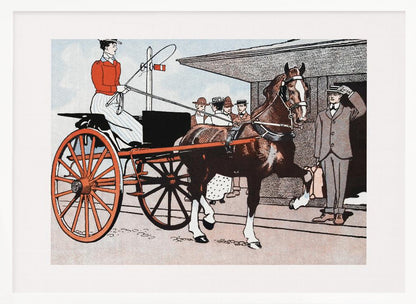 A vintage color illustration depicting a woman in a red jacket driving a two-wheeled carriage with large red wheels. The carriage is pulled by a brown horse. A man in a grey suit stands nearby, tipping his hat in greeting. Wall Art