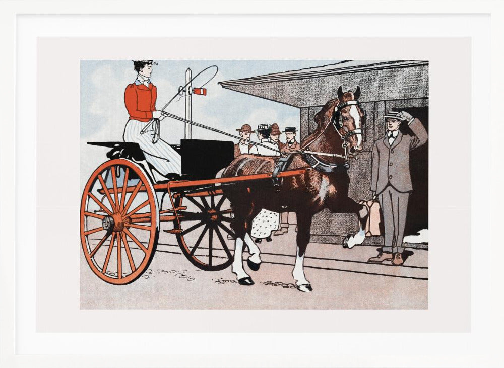 A vintage color illustration depicting a woman in a red jacket driving a two-wheeled carriage with large red wheels. The carriage is pulled by a brown horse. A man in a grey suit stands nearby, tipping his hat in greeting. Wall Art