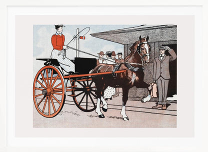 A vintage color illustration depicting a woman in a red jacket driving a two-wheeled carriage with large red wheels. The carriage is pulled by a brown horse. A man in a grey suit stands nearby, tipping his hat in greeting. Wall Art