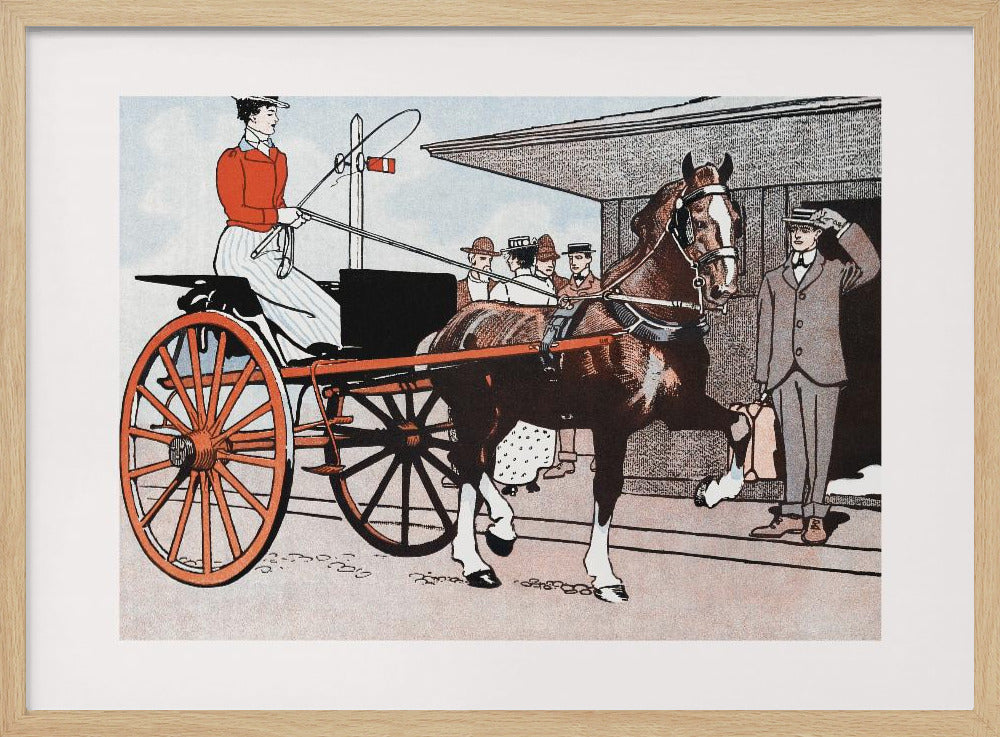 A vintage color illustration depicting a woman in a red jacket driving a two-wheeled carriage with large red wheels. The carriage is pulled by a brown horse. A man in a grey suit stands nearby, tipping his hat in greeting. Wall Art