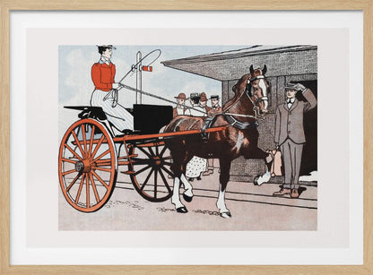 A vintage color illustration depicting a woman in a red jacket driving a two-wheeled carriage with large red wheels. The carriage is pulled by a brown horse. A man in a grey suit stands nearby, tipping his hat in greeting. Wall Art