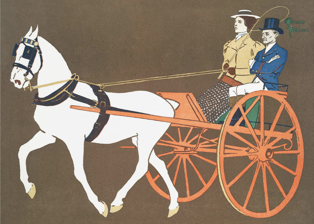 A vintage-style illustration of a white horse pulling an orange two-wheeled carriage against a dark brown background. A woman in a tan coat holds the reins, seated next to a man in a blue coat and top hat. Wall Art