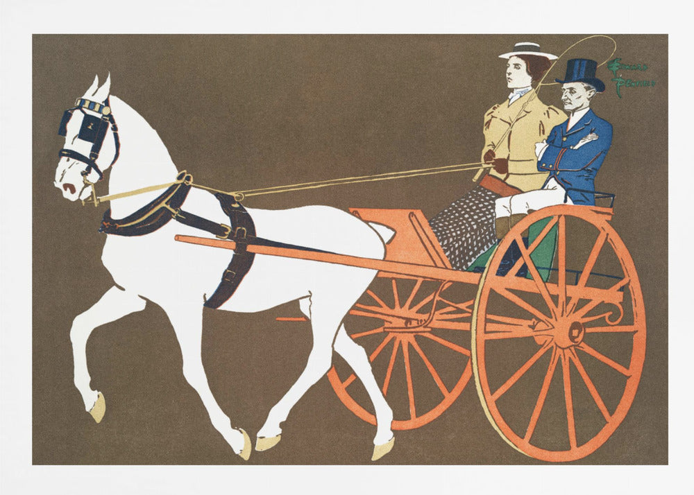 A vintage-style illustration of a white horse pulling an orange two-wheeled carriage against a dark brown background. A woman in a tan coat holds the reins, seated next to a man in a blue coat and top hat. Wall Art