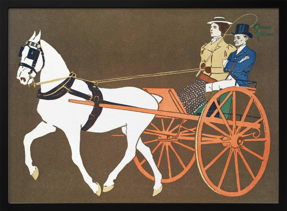 A vintage-style illustration of a white horse pulling an orange two-wheeled carriage against a dark brown background. A woman in a tan coat holds the reins, seated next to a man in a blue coat and top hat. Wall Art
