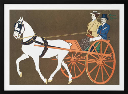 A vintage-style illustration of a white horse pulling an orange two-wheeled carriage against a dark brown background. A woman in a tan coat holds the reins, seated next to a man in a blue coat and top hat. Wall Art