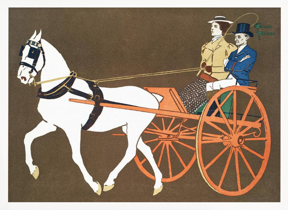 A vintage-style illustration of a white horse pulling an orange two-wheeled carriage against a dark brown background. A woman in a tan coat holds the reins, seated next to a man in a blue coat and top hat. Wall Art
