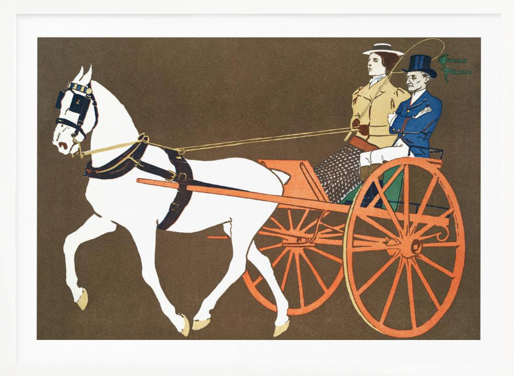 A vintage-style illustration of a white horse pulling an orange two-wheeled carriage against a dark brown background. A woman in a tan coat holds the reins, seated next to a man in a blue coat and top hat. Wall Art