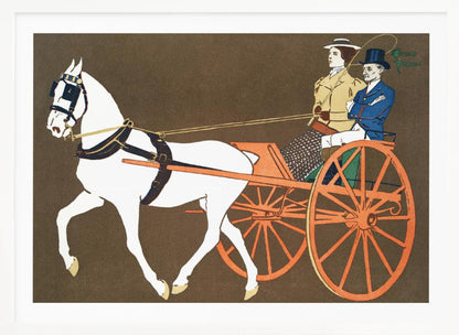 A vintage-style illustration of a white horse pulling an orange two-wheeled carriage against a dark brown background. A woman in a tan coat holds the reins, seated next to a man in a blue coat and top hat. Wall Art