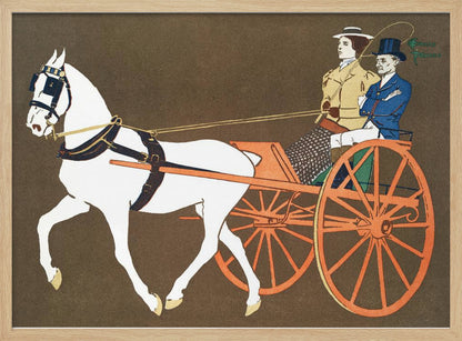 A vintage-style illustration of a white horse pulling an orange two-wheeled carriage against a dark brown background. A woman in a tan coat holds the reins, seated next to a man in a blue coat and top hat. Wall Art