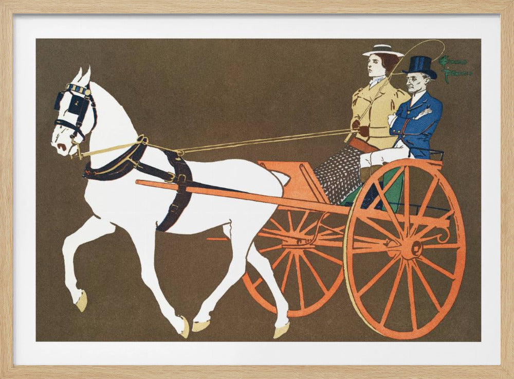 A vintage-style illustration of a white horse pulling an orange two-wheeled carriage against a dark brown background. A woman in a tan coat holds the reins, seated next to a man in a blue coat and top hat. Wall Art