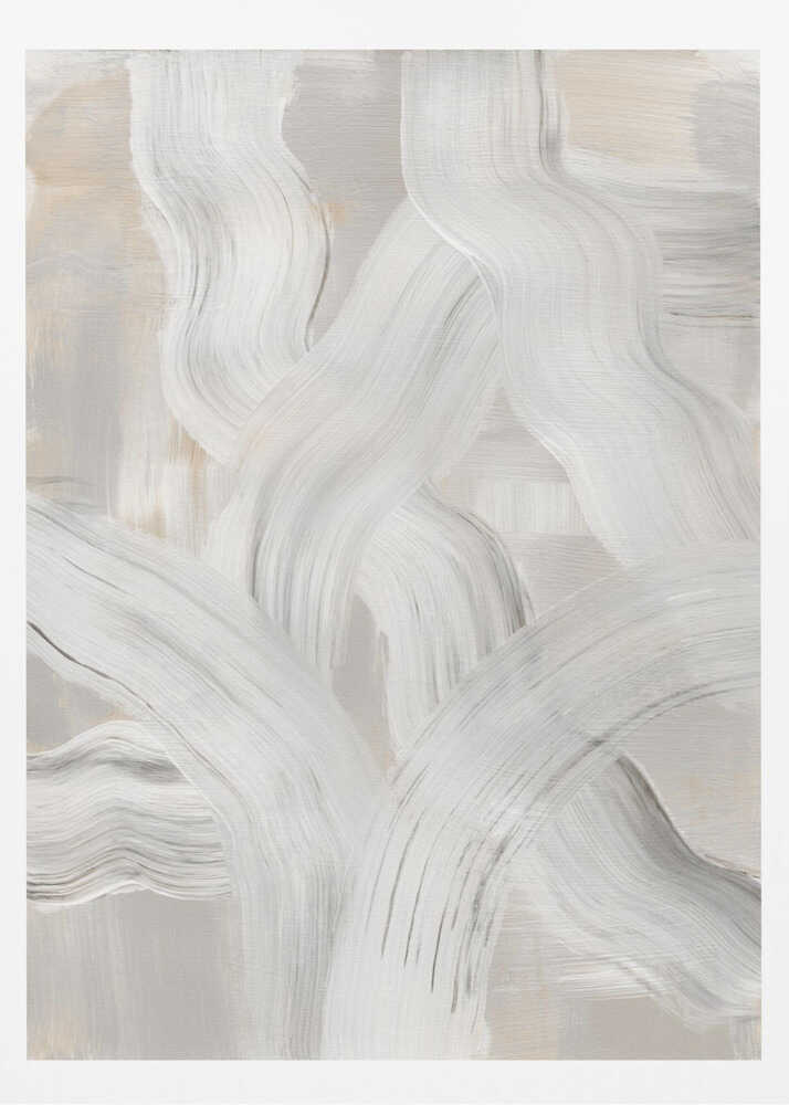 Abstract painting with interwoven, thick white and gray brushstrokes on a light neutral background. Modern minimalist wall art.