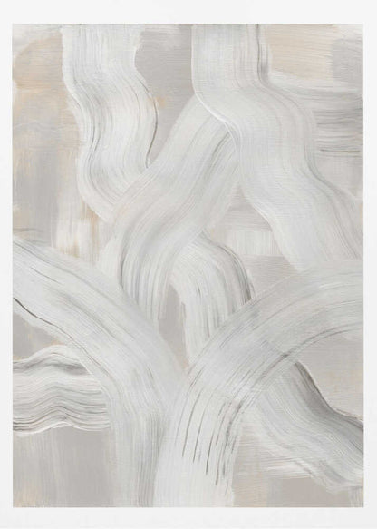 Abstract painting with interwoven, thick white and gray brushstrokes on a light neutral background. Modern minimalist wall art.