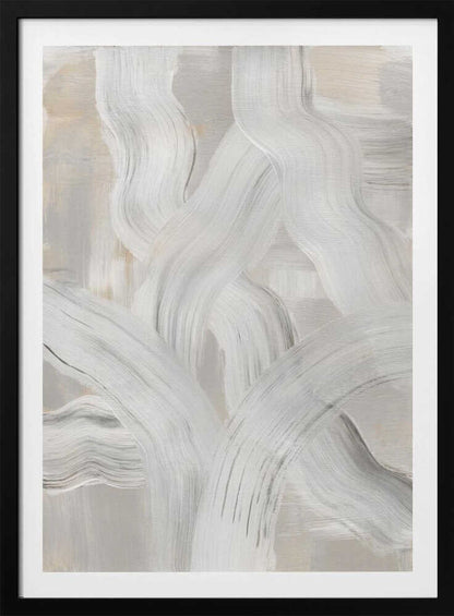 Abstract painting with interwoven, thick white and gray brushstrokes on a light neutral background. Modern minimalist wall art.