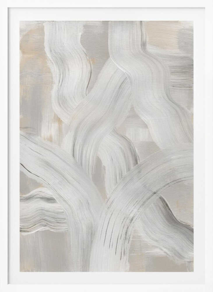 Abstract painting with interwoven, thick white and gray brushstrokes on a light neutral background. Modern minimalist wall art.