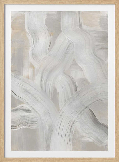Abstract painting with interwoven, thick white and gray brushstrokes on a light neutral background. Modern minimalist wall art.