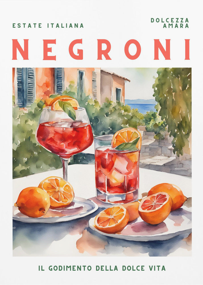 A vintage-style poster for a Negroni cocktail with the words 'Estate Italiana' and 'Negroni' at the top. The poster features a watercolor illustration of two glasses of Negroni on a white table with fresh oranges, set against a sunny Italian coastal backdrop with a villa and the sea. At the bottom, it reads 'Il Godimento Della Dolce Vita'. Artwork