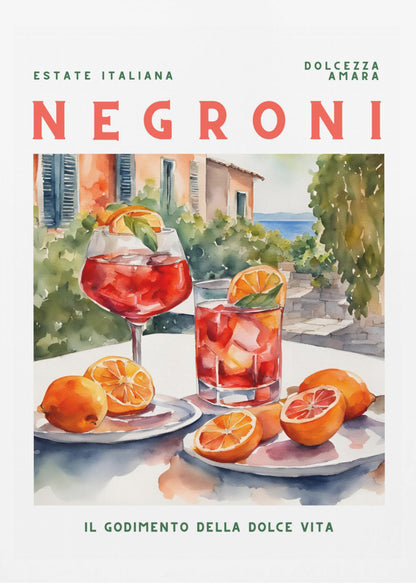A vintage-style poster for a Negroni cocktail with the words 'Estate Italiana' and 'Negroni' at the top. The poster features a watercolor illustration of two glasses of Negroni on a white table with fresh oranges, set against a sunny Italian coastal backdrop with a villa and the sea. At the bottom, it reads 'Il Godimento Della Dolce Vita'. Artwork