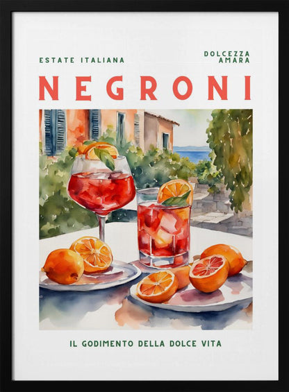 A vintage-style poster for a Negroni cocktail with the words 'Estate Italiana' and 'Negroni' at the top. The poster features a watercolor illustration of two glasses of Negroni on a white table with fresh oranges, set against a sunny Italian coastal backdrop with a villa and the sea. At the bottom, it reads 'Il Godimento Della Dolce Vita'. Artwork