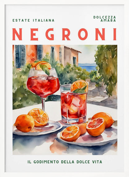 A vintage-style poster for a Negroni cocktail with the words 'Estate Italiana' and 'Negroni' at the top. The poster features a watercolor illustration of two glasses of Negroni on a white table with fresh oranges, set against a sunny Italian coastal backdrop with a villa and the sea. At the bottom, it reads 'Il Godimento Della Dolce Vita'. Artwork