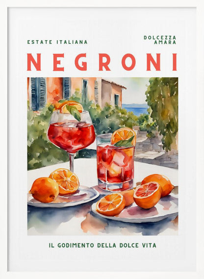 A vintage-style poster for a Negroni cocktail with the words 'Estate Italiana' and 'Negroni' at the top. The poster features a watercolor illustration of two glasses of Negroni on a white table with fresh oranges, set against a sunny Italian coastal backdrop with a villa and the sea. At the bottom, it reads 'Il Godimento Della Dolce Vita'. Artwork
