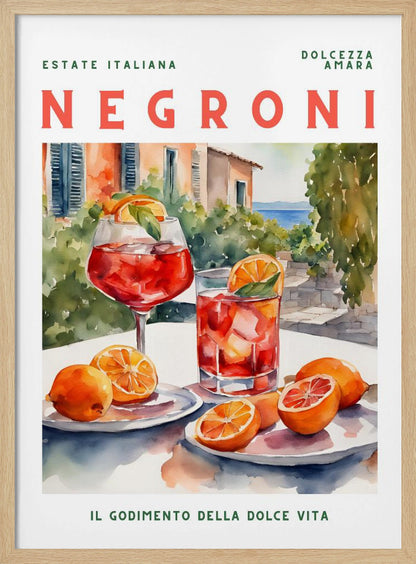 A vintage-style poster for a Negroni cocktail with the words 'Estate Italiana' and 'Negroni' at the top. The poster features a watercolor illustration of two glasses of Negroni on a white table with fresh oranges, set against a sunny Italian coastal backdrop with a villa and the sea. At the bottom, it reads 'Il Godimento Della Dolce Vita'. Artwork