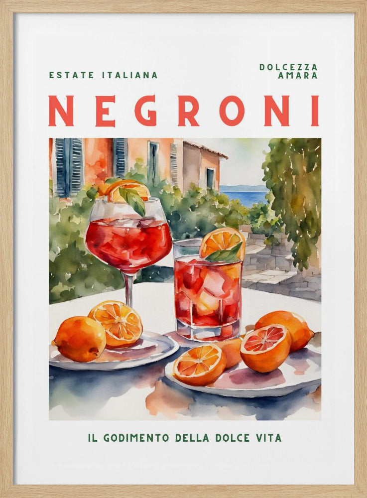 A vintage-style poster for a Negroni cocktail with the words 'Estate Italiana' and 'Negroni' at the top. The poster features a watercolor illustration of two glasses of Negroni on a white table with fresh oranges, set against a sunny Italian coastal backdrop with a villa and the sea. At the bottom, it reads 'Il Godimento Della Dolce Vita'. Artwork