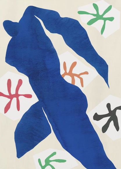 A framed abstract artwork by Henri Matisse featuring a large, solid blue cut-out figure in a dynamic pose against a cream background. Surrounding the figure are smaller, colorful, stylized floral or star-like shapes in red, green, orange, and black. Decor