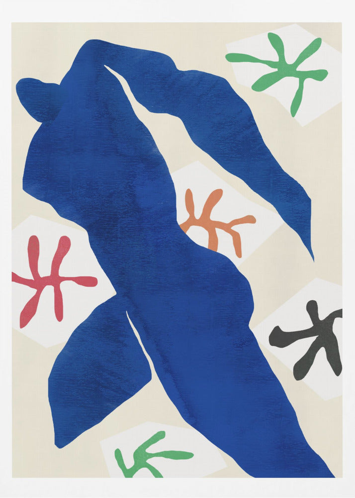 A framed abstract artwork by Henri Matisse featuring a large, solid blue cut-out figure in a dynamic pose against a cream background. Surrounding the figure are smaller, colorful, stylized floral or star-like shapes in red, green, orange, and black. Decor