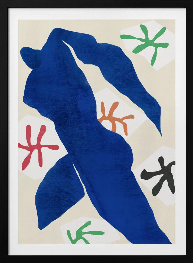 A framed abstract artwork by Henri Matisse featuring a large, solid blue cut-out figure in a dynamic pose against a cream background. Surrounding the figure are smaller, colorful, stylized floral or star-like shapes in red, green, orange, and black. Decor