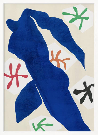 A framed abstract artwork by Henri Matisse featuring a large, solid blue cut-out figure in a dynamic pose against a cream background. Surrounding the figure are smaller, colorful, stylized floral or star-like shapes in red, green, orange, and black. Decor