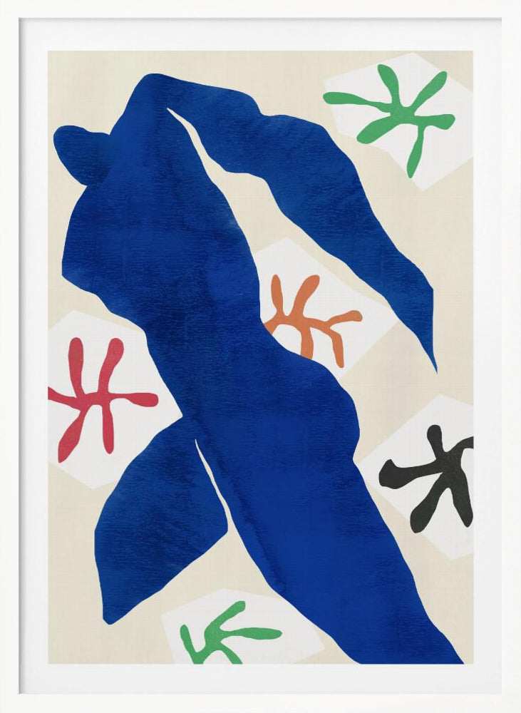 A framed abstract artwork by Henri Matisse featuring a large, solid blue cut-out figure in a dynamic pose against a cream background. Surrounding the figure are smaller, colorful, stylized floral or star-like shapes in red, green, orange, and black. Decor
