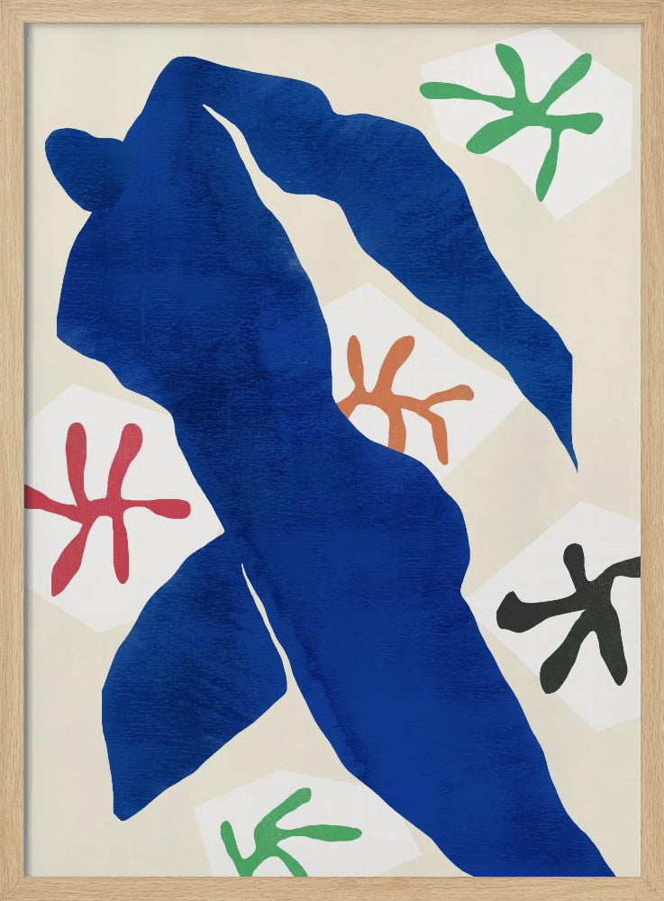 A framed abstract artwork by Henri Matisse featuring a large, solid blue cut-out figure in a dynamic pose against a cream background. Surrounding the figure are smaller, colorful, stylized floral or star-like shapes in red, green, orange, and black. Decor