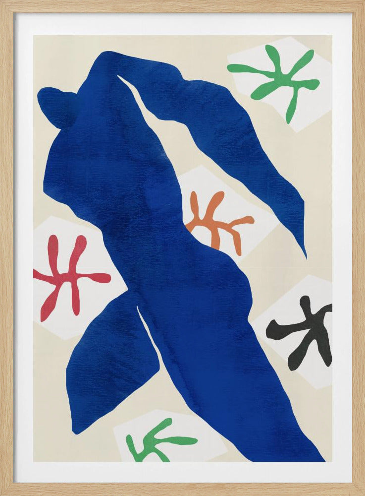 A framed abstract artwork by Henri Matisse featuring a large, solid blue cut-out figure in a dynamic pose against a cream background. Surrounding the figure are smaller, colorful, stylized floral or star-like shapes in red, green, orange, and black. Decor